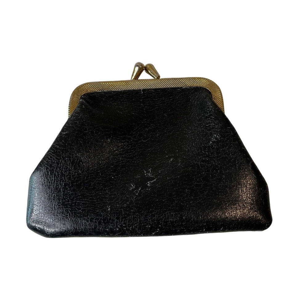 Vintage Black Leather‎ Coin Purse Pouch Wallet Kiss Lock Boho Casual Retro